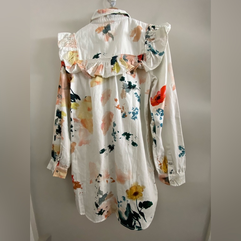 By Anthropologie Pilcro Long-Sleeve Ruffled Denim Mini Shirt Dress size M new - Picture 6 of 9